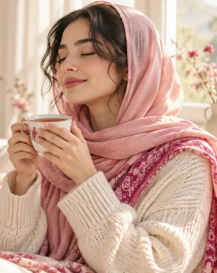 زن جوان با روسری صورتی و فنجان چای