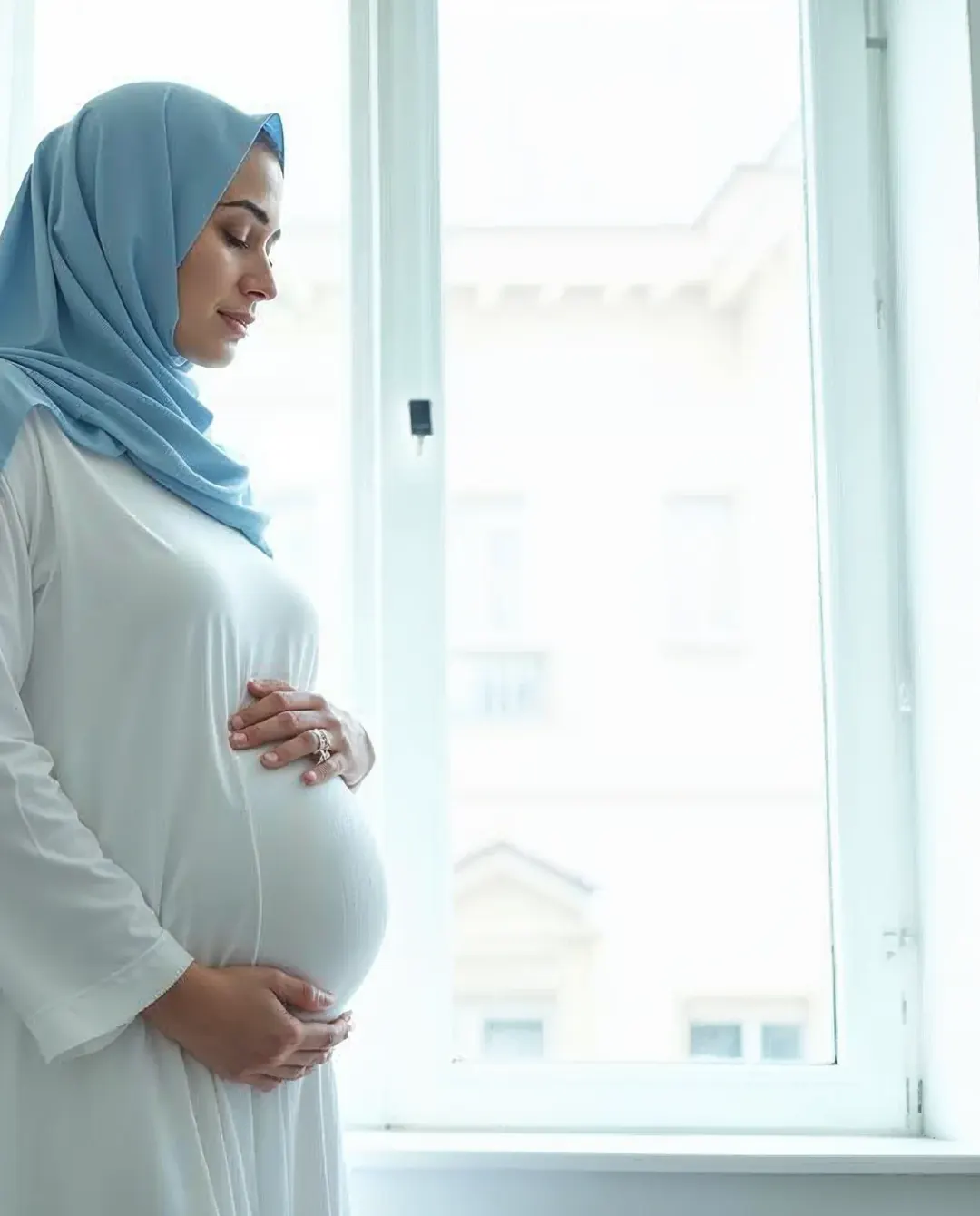 مادر باردار با روسری آبی کنار پنجره